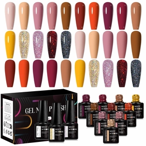 MEET ACROSS 18 PCS Gel Nail Polish Set, 15 Colors Fall Winter Gel Polish with Base Top Coat, Neutral Yellow Brown Soak Off LED Nail Art Kit Salon at Home