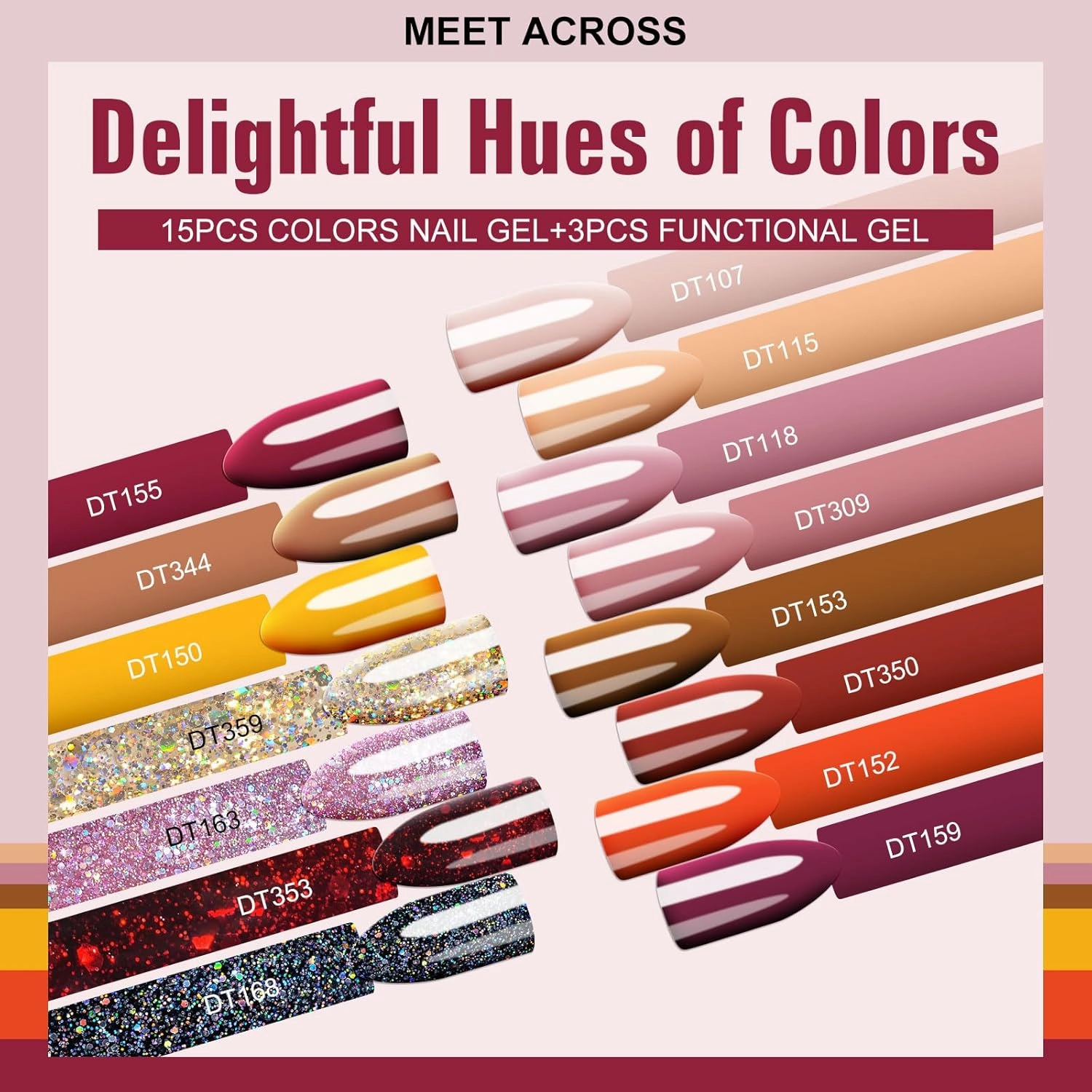 MEET ACROSS 18 PCS Gel Nail Polish Set, 15 Colors Fall Winter Gel Polish with Base Top Coat, Neutral Yellow Brown Soak Off LED Nail Art Kit Salon at Home