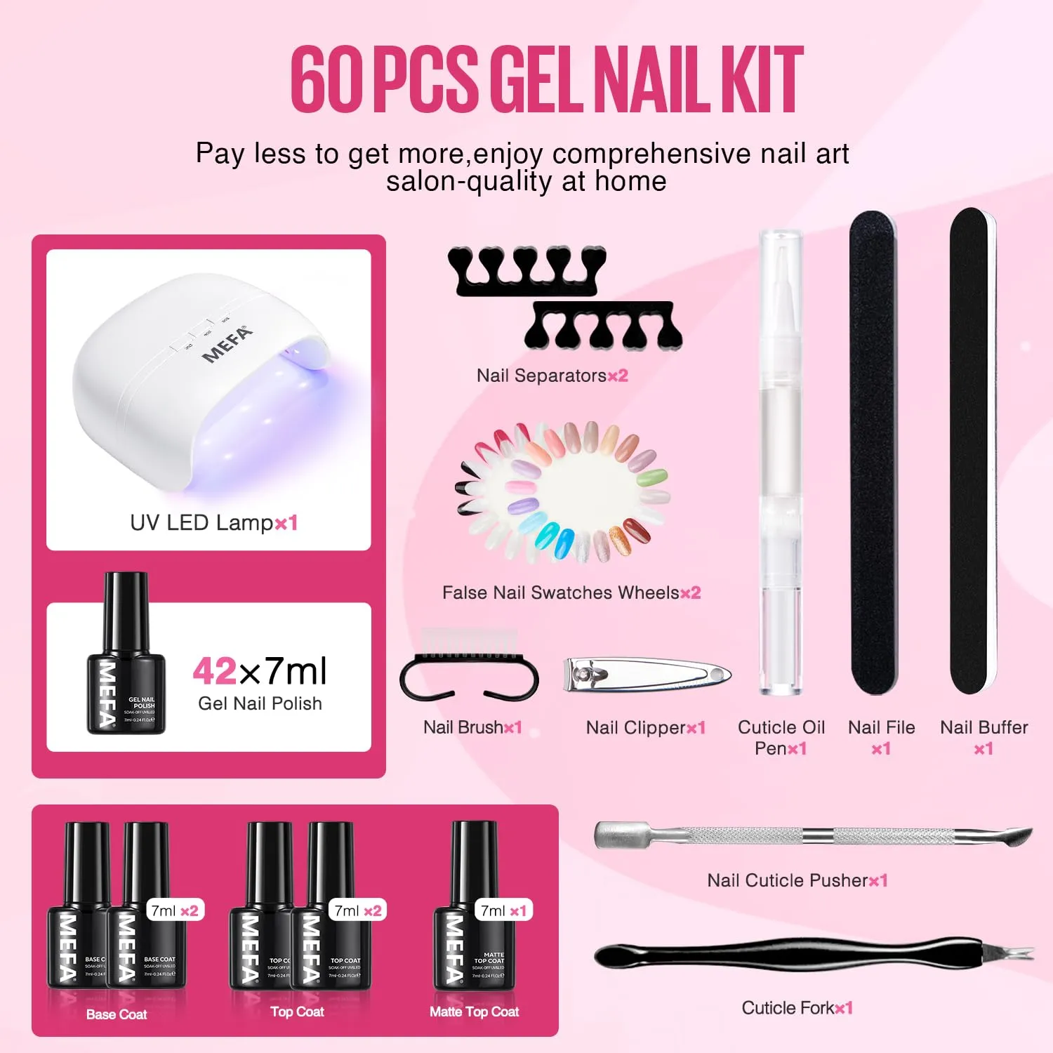 MEFA 42 Colors Gel Nail Polish Kit with U V Light, 59 Pcs All Seasons Collection Colorful Gel Polish Essential Set with 5 Psc Matte/Glossy Base Top Coat, Salon Gifts for Women