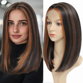meiliprotea Brown Highlight Bob Wig Middle Part Synthetic Lace Front Wig Wear and Go Glueless Bob Closure Wig 15 Inch Shoulder Length Straight Bob Wigs for Women Daily Party Use (HL Brown)