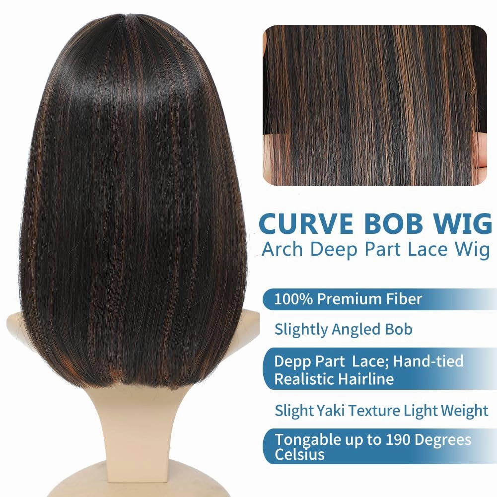 meiliprotea Brown Highlight Bob Wig Middle Part Synthetic Lace Front Wig Wear and Go Glueless Bob Closure Wig 15 Inch Shoulder Length Straight Bob Wigs for Women Daily Party Use (HL Brown)