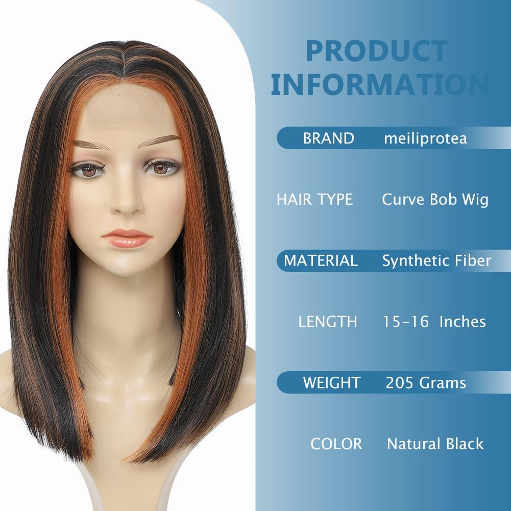 meiliprotea Brown Highlight Bob Wig Middle Part Synthetic Lace Front Wig Wear and Go Glueless Bob Closure Wig 15 Inch Shoulder Length Straight Bob Wigs for Women Daily Party Use (HL Brown)