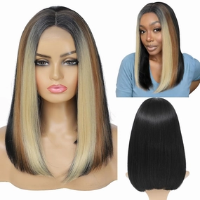 meiliprotea Highlight Blonde Bob Wig Lace Front Middle Part Straight Bob Closure Wig 15 Inch Shoulder Length Bob Wigs Piano Color Synthetic Lace Front Wig for Women Daily Party Use (Piano Color)