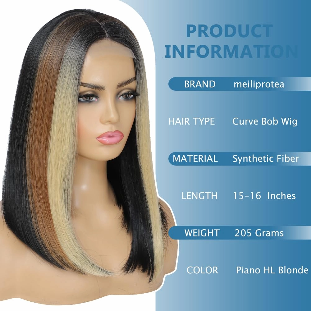 meiliprotea Highlight Blonde Bob Wig Lace Front Middle Part Straight Bob Closure Wig 15 Inch Shoulder Length Bob Wigs Piano Color Synthetic Lace Front Wig for Women Daily Party Use (Piano Color)