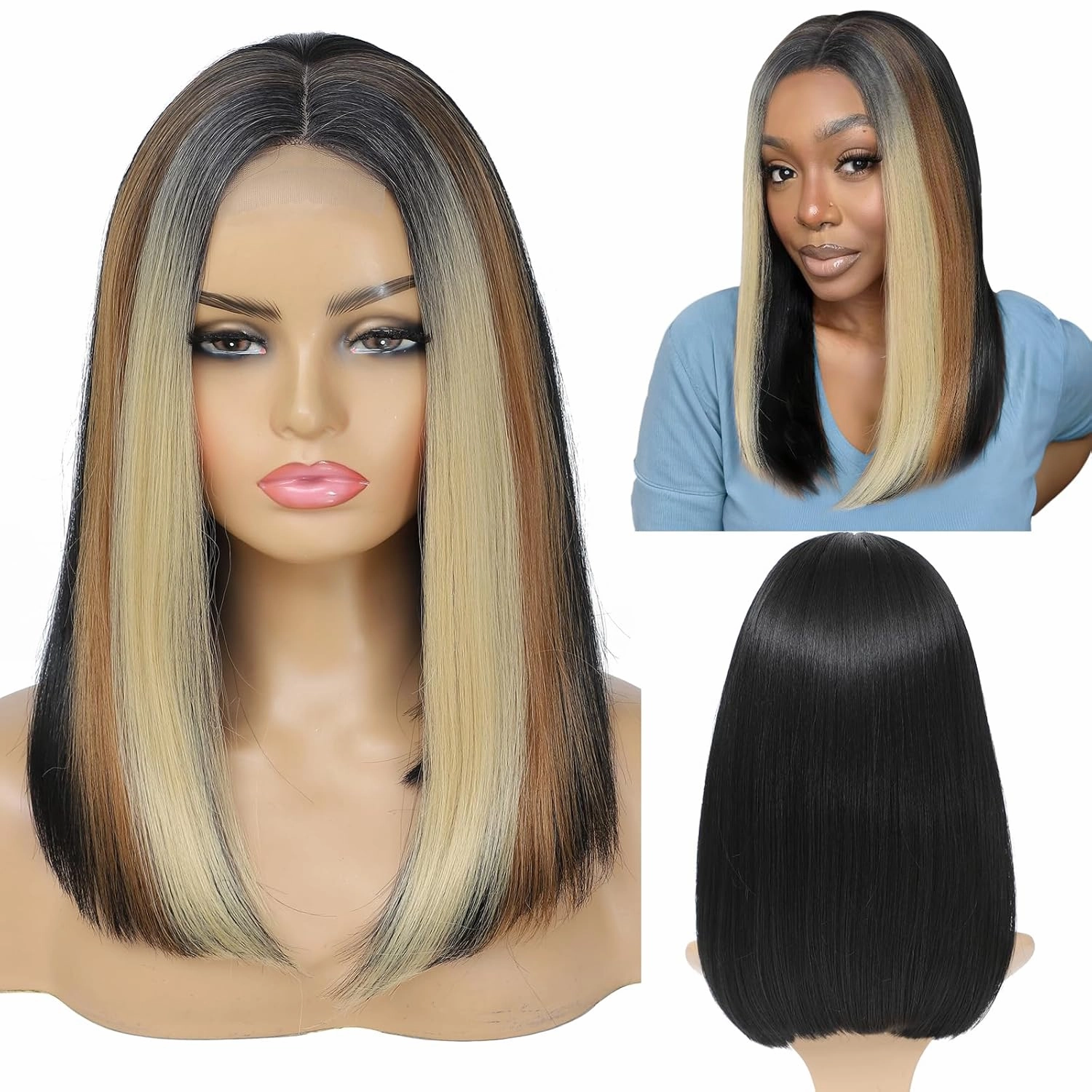 meiliprotea Highlight Blonde Bob Wig Lace Front Middle Part Straight Bob Closure Wig 15 Inch Shoulder Length Bob Wigs Piano Color Synthetic Lace Front Wig for Women Daily Party Use (Piano Color)