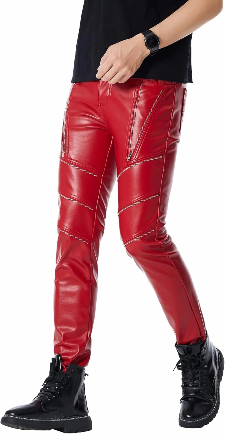 Men`s Black Slim Fit Soft PU Faux Leather Biker Pants