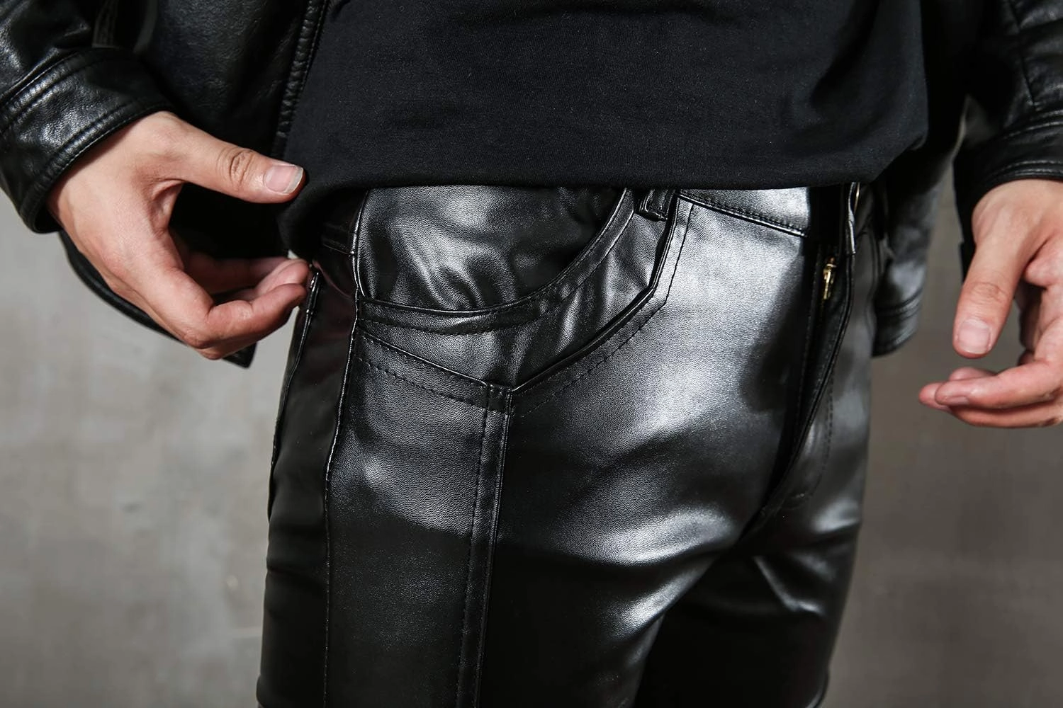 Men`s Black Slim Fit Soft PU Faux Leather Biker Pants