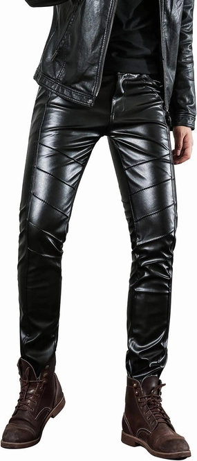 Men`s Black Slim Fit Soft PU Faux Leather Biker Pants