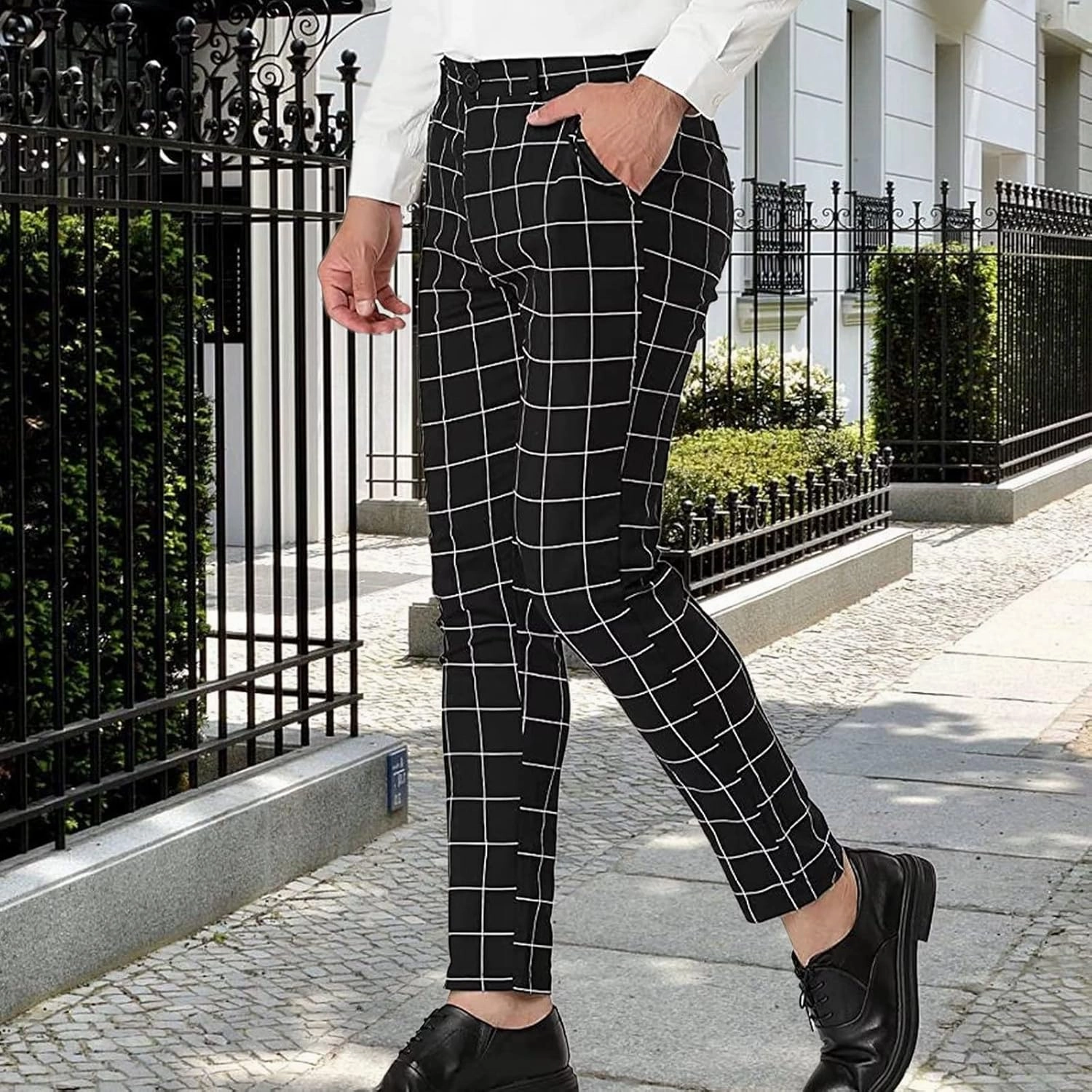 Men's Dress Pants Plaid Skinny Slim Fit Dress Pants Stretch Regular Fit Business Casual Fashion Golf Pencil Chinos Pants