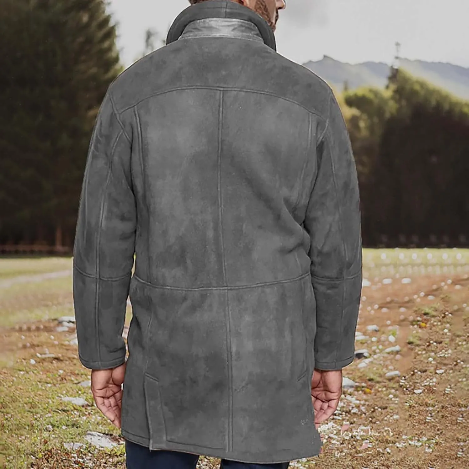 Mens Western Cowboy Jacket Long Trench Coats Zip Up Stand Collar Jacket Winter Vintage Cowboy Peacoat Retro Tops