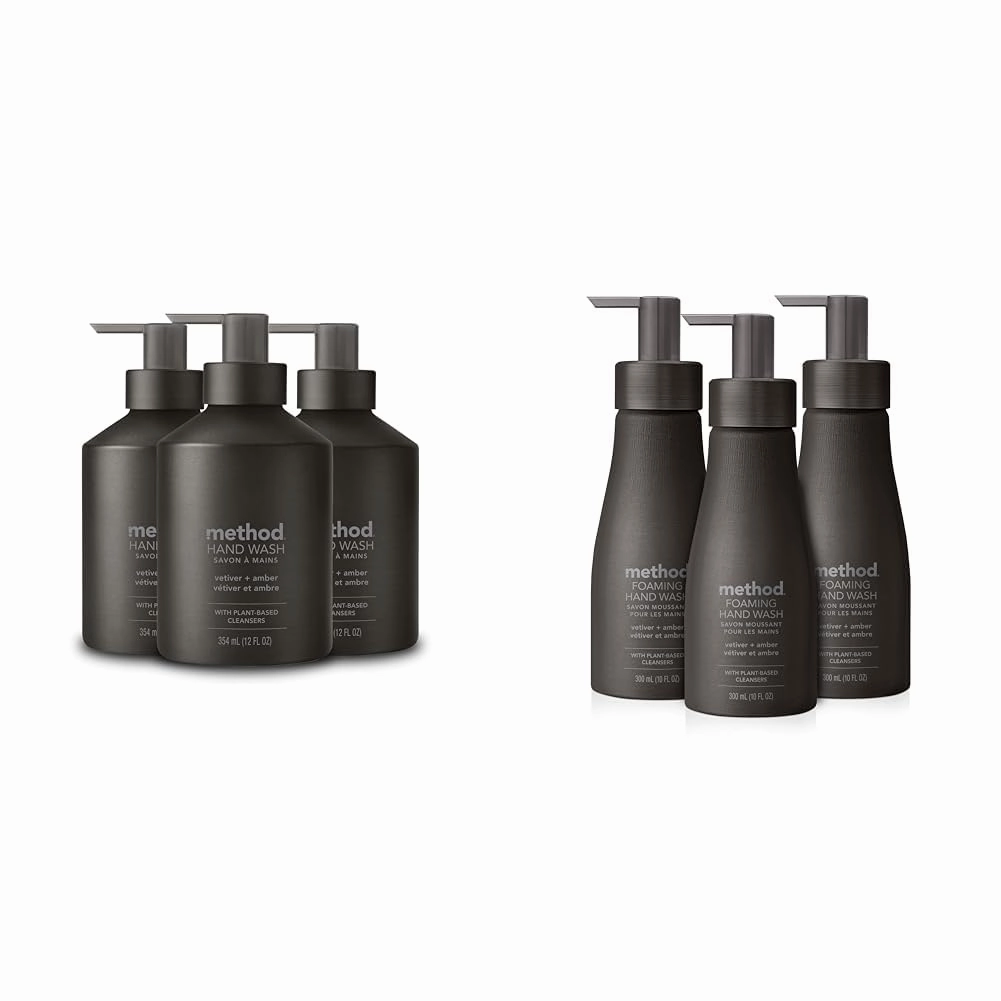 Method Gel Hand Soap, Vetiver   Amber, Reusable Black Aluminum Bottle, Biodegradable Formula, 12 oz (Pack of 3) & Premium Foaming Hand Wash, Vetiver   Amber, Reusable Black Aluminum Bottle