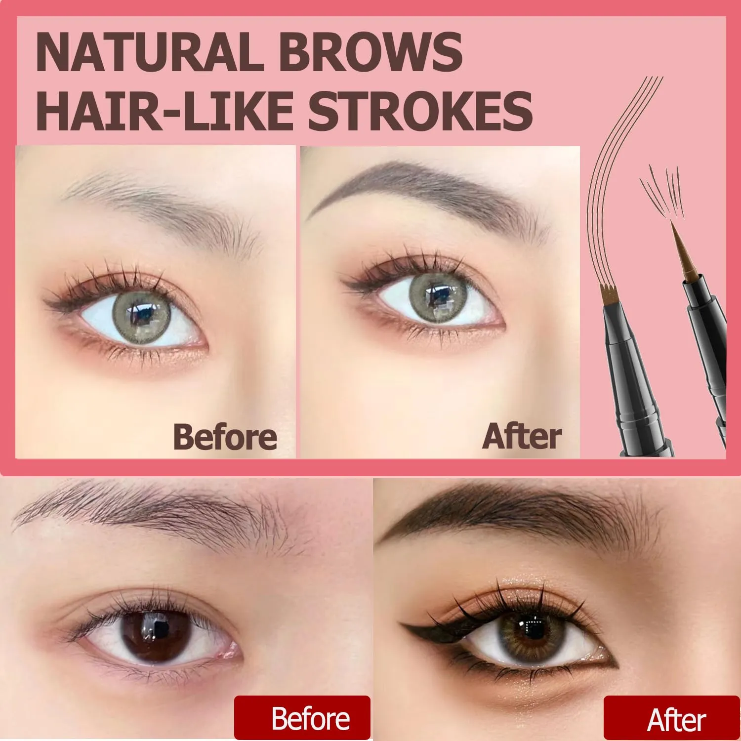 Microblading Eyebrow Pencil, Waterproof Eyebrow Pen, 2-in-1 Dual-Ended Eyebrow Pencil for Women with 4-Fork-Tip & Precise Brush-Tip, Natural Makeup Fine Stroke, Last All-Day (Dark brown)