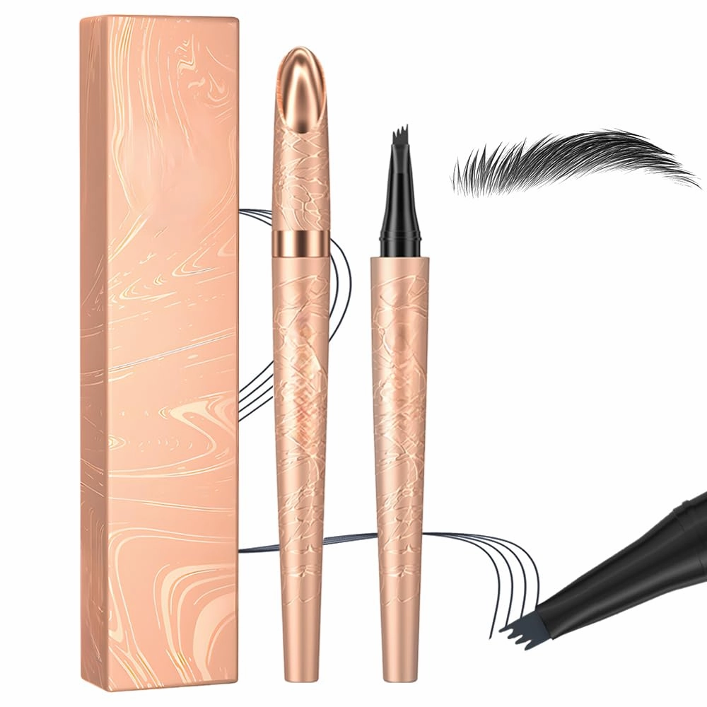 Microblading Eyebrow Pencil, 2025 New 3D Waterproof 4 Tip Microblading Eyebrow Pen, Natural Gap Filling Eyebrow Makeup Long-Lasting Fine Stroke Eye Brow Pen for Women (Black)