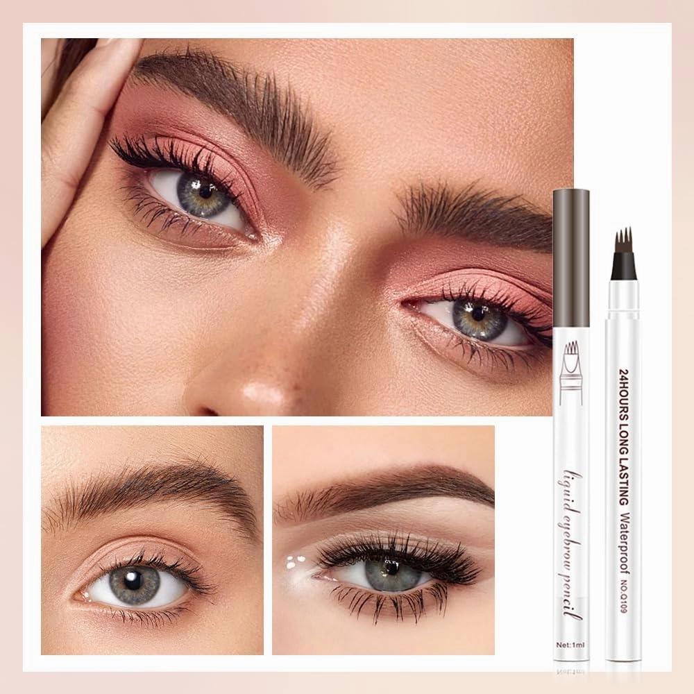 Microblading Eyebrow Pencil, 4 Fork Tip Magic Eyebrow Tattoo Pencil, Waterproof Brow Pencil with Micro-Fork Tip, Precise Color and Perfectly Defined Natural Hair Stroke Lines (B-light brown-2pcs)