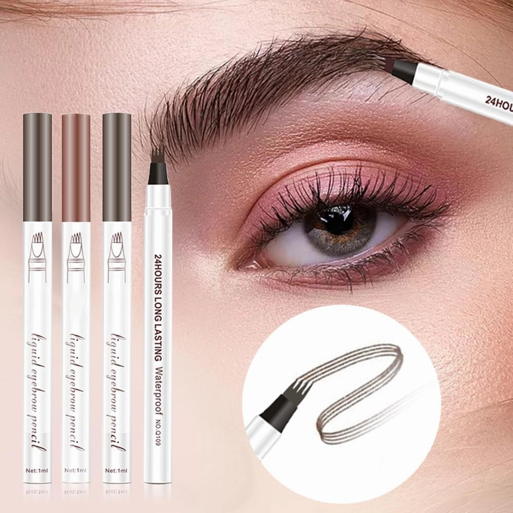 Microblading Eyebrow Pencil, 4 Fork Tip Magic Eyebrow Tattoo Pencil, Waterproof Brow Pencil with Micro-Fork Tip, Precise Color and Perfectly Defined Natural Hair Stroke Lines (B-light brown-2pcs)