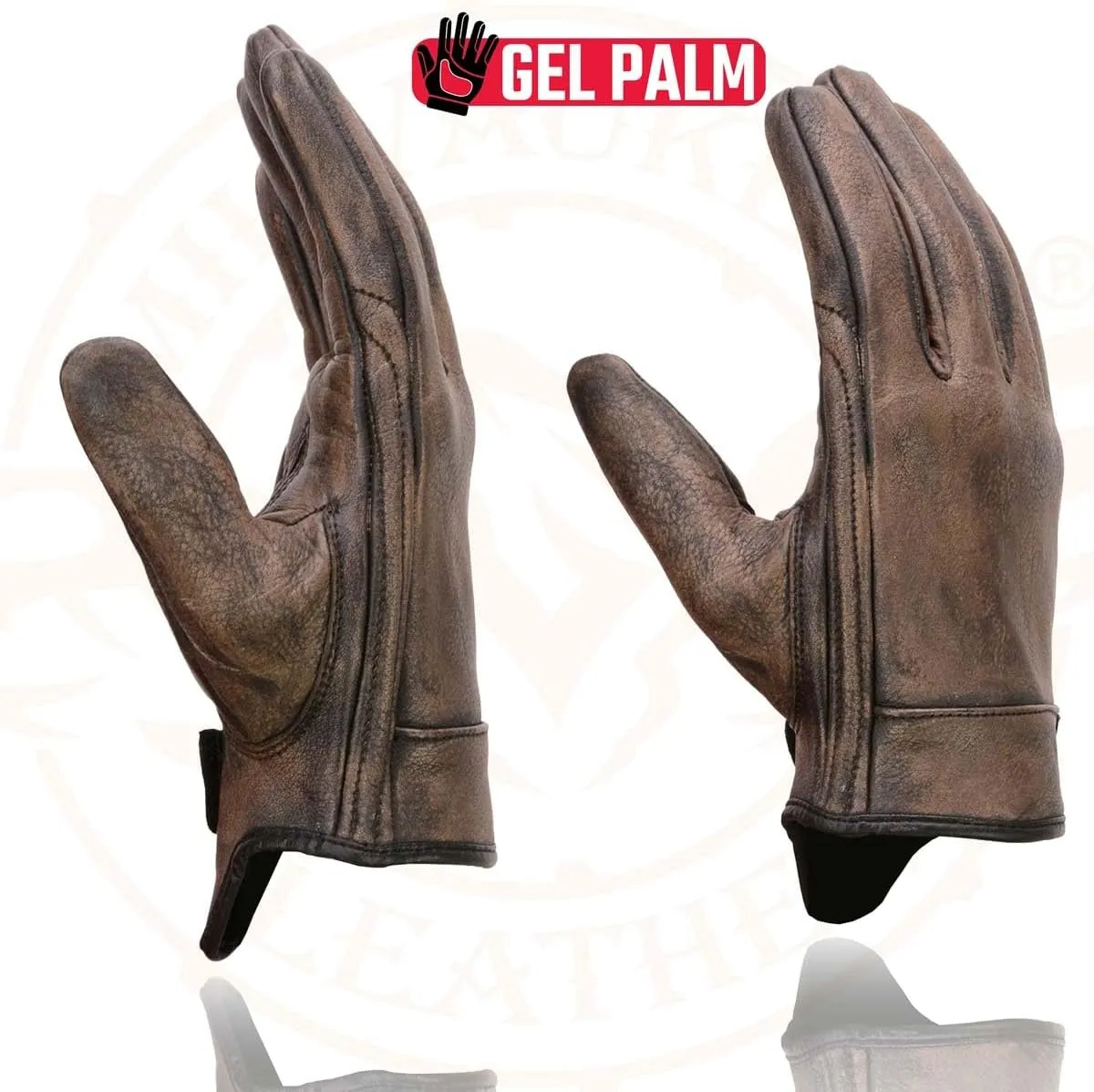 Milwaukee Leather MG7512 Men's Brown Leather Gel Padded Palm Short Wrist Motorcycle Hand Gloves W/ ‘Full Panel Cover’ - Medium