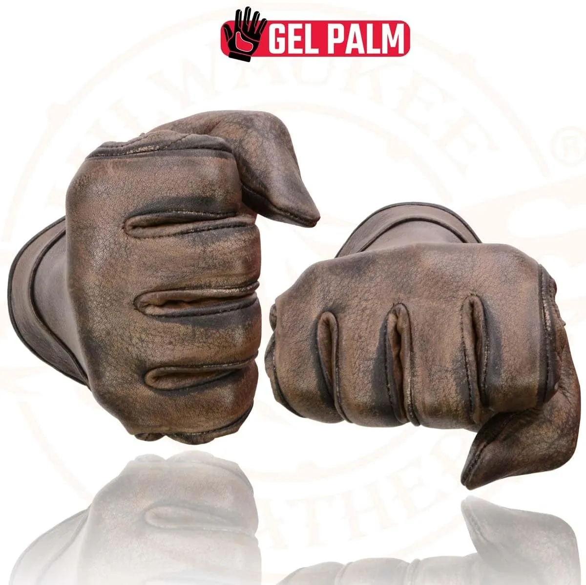 Milwaukee Leather MG7512 Men's Brown Leather Gel Padded Palm Short Wrist Motorcycle Hand Gloves W/ ‘Full Panel Cover’ - Medium