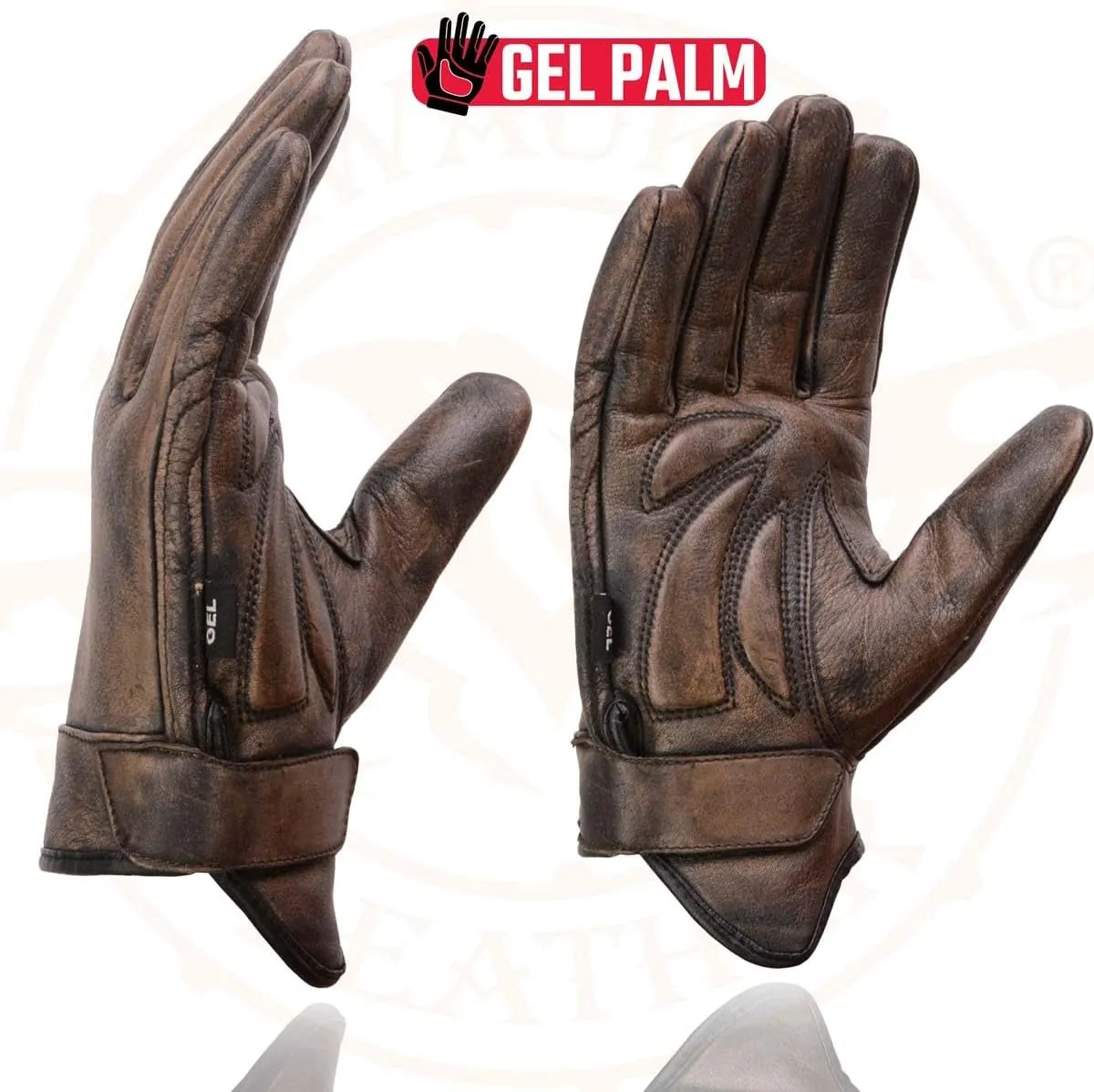 Milwaukee Leather MG7512 Men's Brown Leather Gel Padded Palm Short Wrist Motorcycle Hand Gloves W/ ‘Full Panel Cover’ - Medium