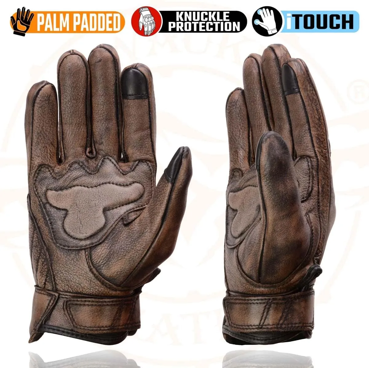 Milwaukee Leather MG7514 Men's Brown Leather with Gel Palm Motorcycle Gloves W/Protective Knuckle
