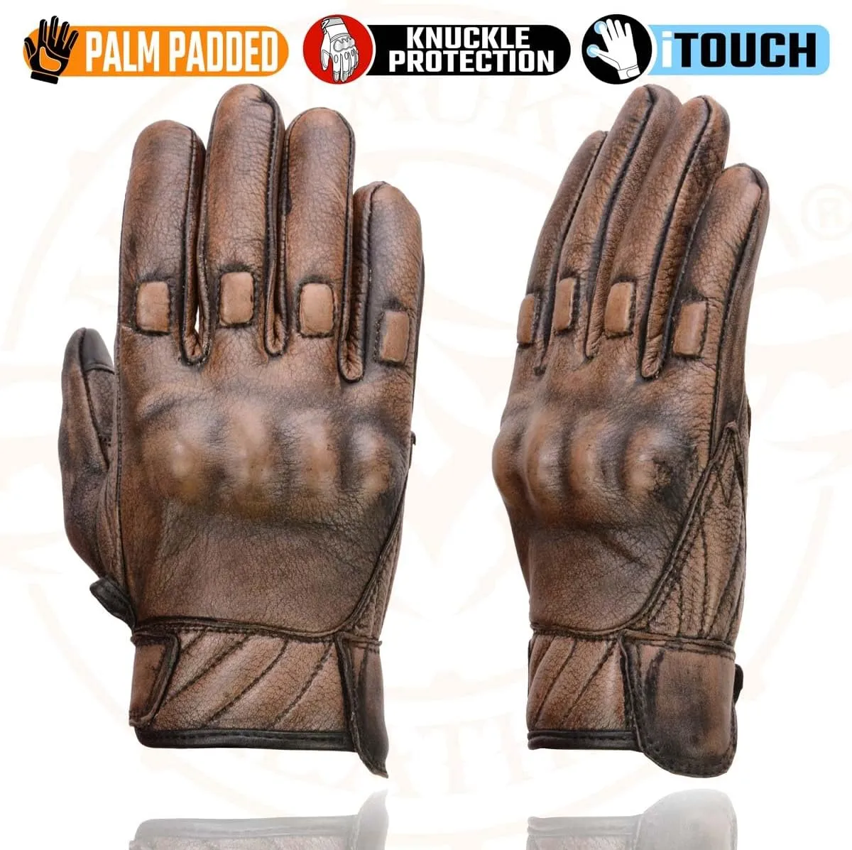 Milwaukee Leather MG7514 Men's Brown Leather with Gel Palm Motorcycle Gloves W/Protective Knuckle