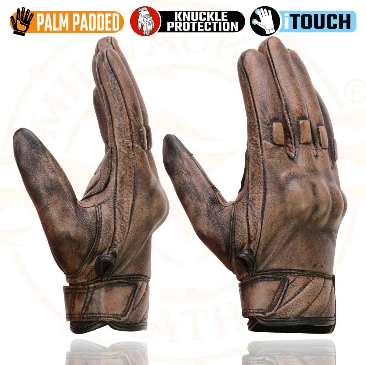 Milwaukee Leather MG7514 Men's Brown Leather with Gel Palm Motorcycle Gloves W/Protective Knuckle