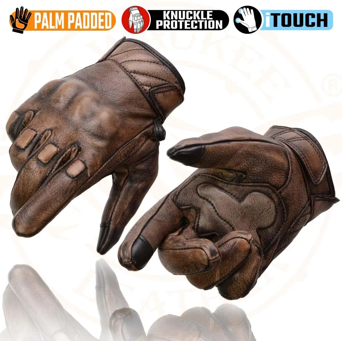 Milwaukee Leather MG7514 Men's Brown Leather with Gel Palm Motorcycle Gloves W/Protective Knuckle