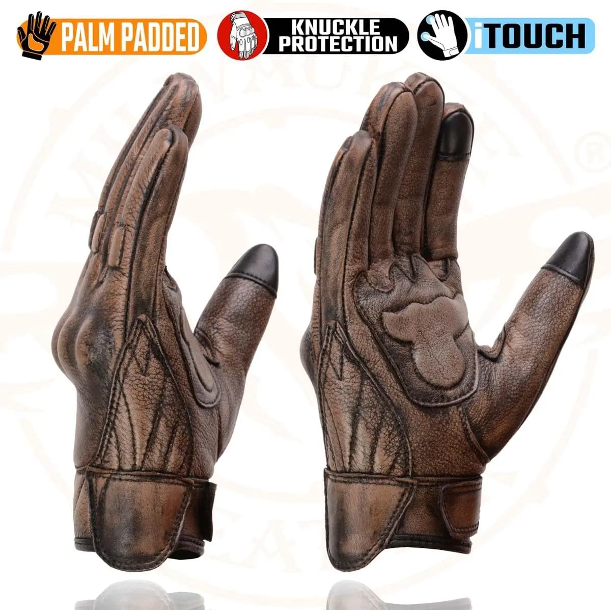 Milwaukee Leather MG7514 Men's Brown Leather with Gel Palm Motorcycle Gloves W/Protective Knuckle