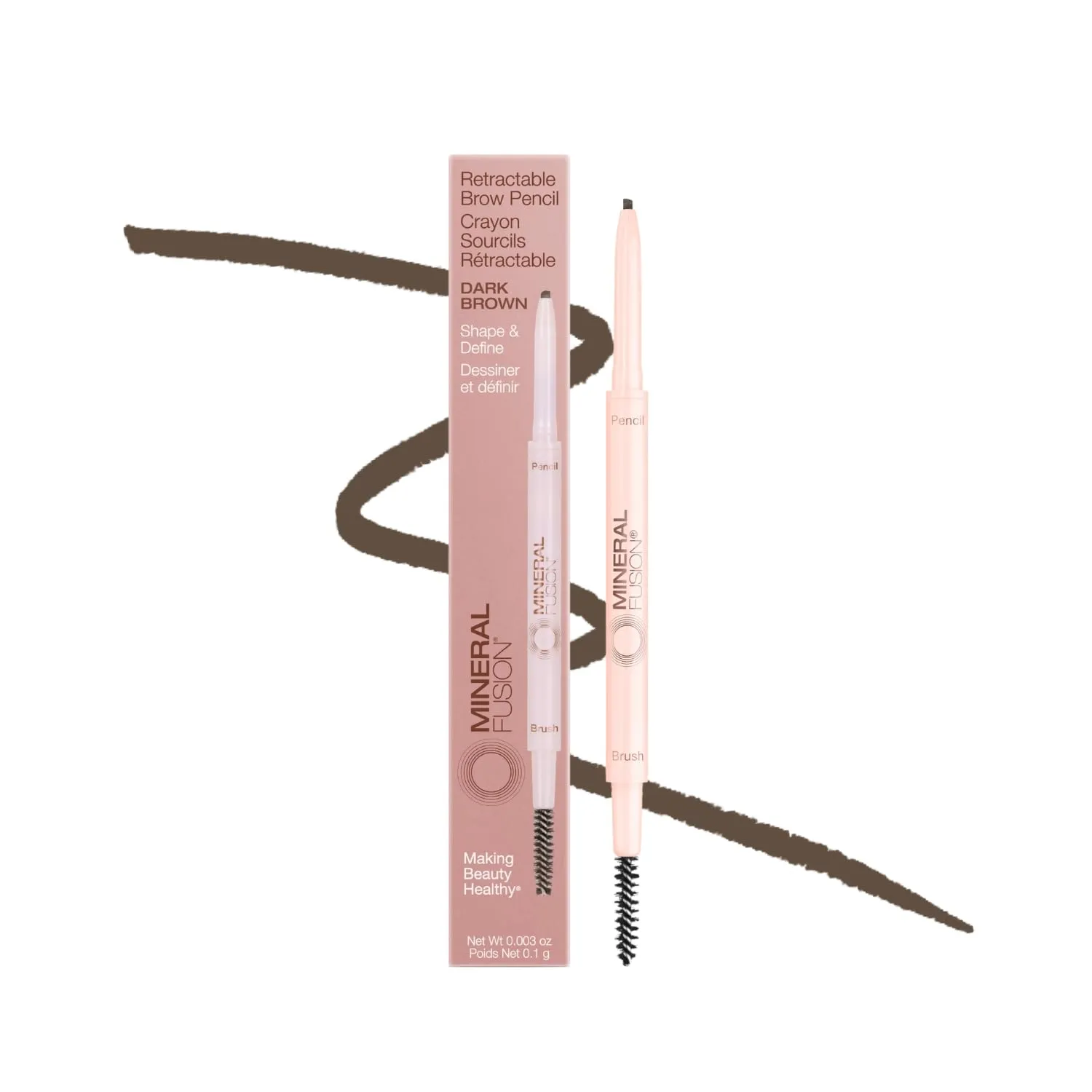 Mineral Fusion Retractable Brow Pencil, Shape & Define Eyebrow Pencil with Blending Spoolie Brush, Velvety Smooth & Natural Eye Makeup, Dark Brown, 0.003 oz