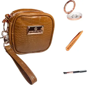Mini Makeup Bag(4 pcs set) - Portable Travel Makeup Bag for Cosmetics & Accessories - Cute Beauty Bag Set With Tweezer, Brow Brush, Lash Case - Faux Crocodile Skin Leather, Detachable Strap (Brown)
