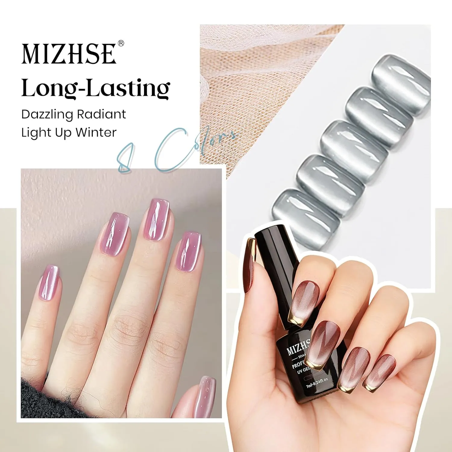 MIZHSE Cat Eye Gel Nail Polish, 8 Colors Ceramic Magnetic Gel Polish Set with Magnet Stick, Crystal Shimmery Silver Brown Green Purple Colors Nail Gel Soak Off Nail Art Salon Home Gift for Women