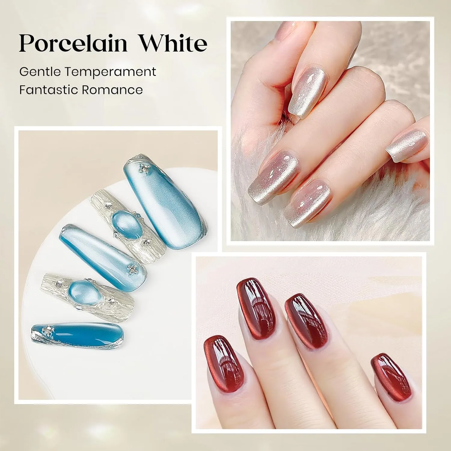 MIZHSE Cat Eye Gel Nail Polish, 8 Colors Ceramic Magnetic Gel Polish Set with Magnet Stick, Crystal Shimmery Silver Brown Green Purple Colors Nail Gel Soak Off Nail Art Salon Home Gift for Women