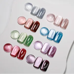 MIZHSE Cat Eye Gel Nail Polish, 8 Colors Ceramic Magnetic Gel Polish Set with Magnet Stick, Crystal Shimmery Silver Brown Green Purple Colors Nail Gel Soak Off Nail Art Salon Home Gift for Women