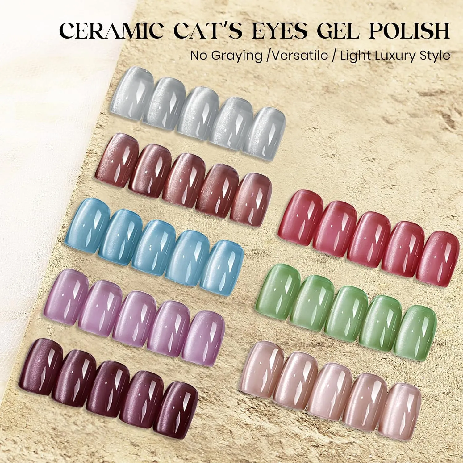 MIZHSE Cat Eye Gel Nail Polish, 8 Colors Ceramic Magnetic Gel Polish Set with Magnet Stick, Crystal Shimmery Silver Brown Green Purple Colors Nail Gel Soak Off Nail Art Salon Home Gift for Women