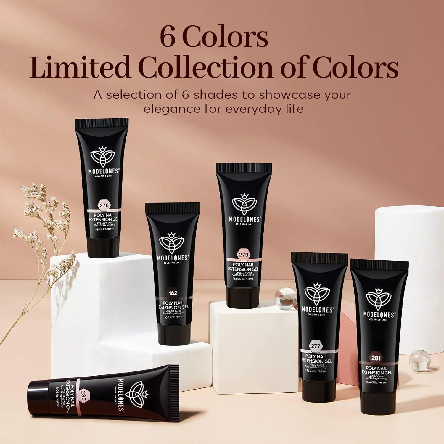 Modelones Poly Nail Gel, 6 Colors Nude Skin Tones Pink Neutral Brown Collection Poly Extension Gel Set Builder Manicure DIY Design Nail Art Home Salon Beauty Gift