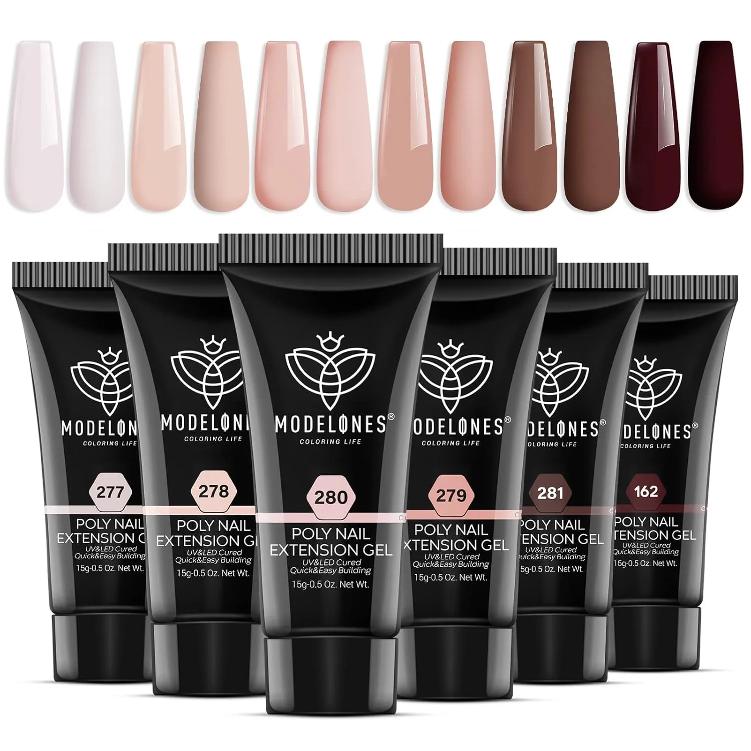 Modelones Poly Nail Gel, 6 Colors Nude Skin Tones Pink Neutral Brown Collection Poly Extension Gel Set Builder Manicure DIY Design Nail Art Home Salon Beauty Gift