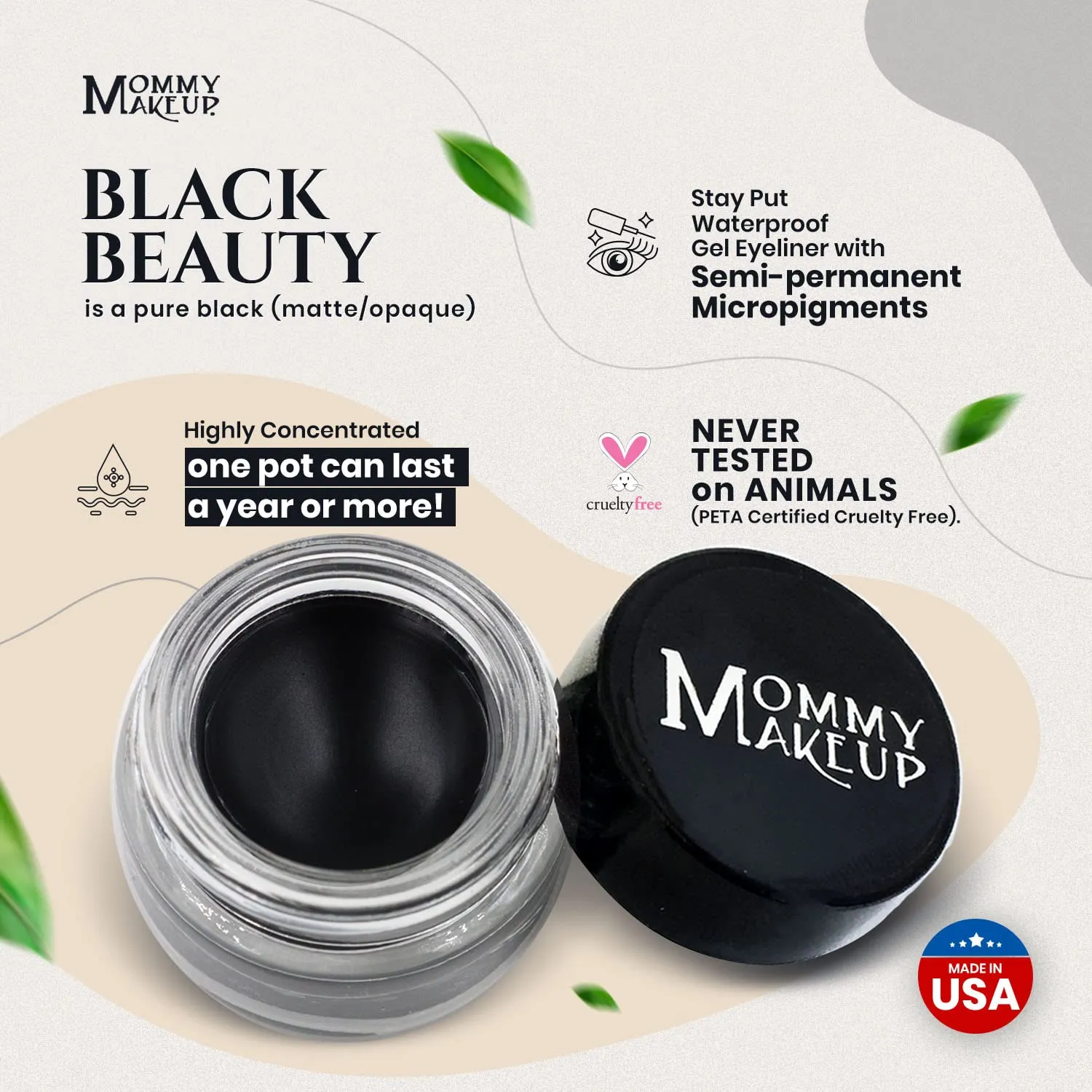 Mommy Makeup Waterproof Stay Put Gel Eyeliner Pot with Semi Permanent Micropigments - Long Lasting, Highly Pigmented Eye Liner, 0.14 oz (Black Beauty)