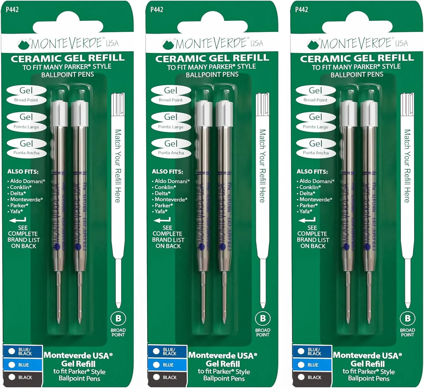 Monteverde Capless Ceramic Gel Refill to Fit Parker Ballpoint Pens, Broad Blue/Black (P443BB)