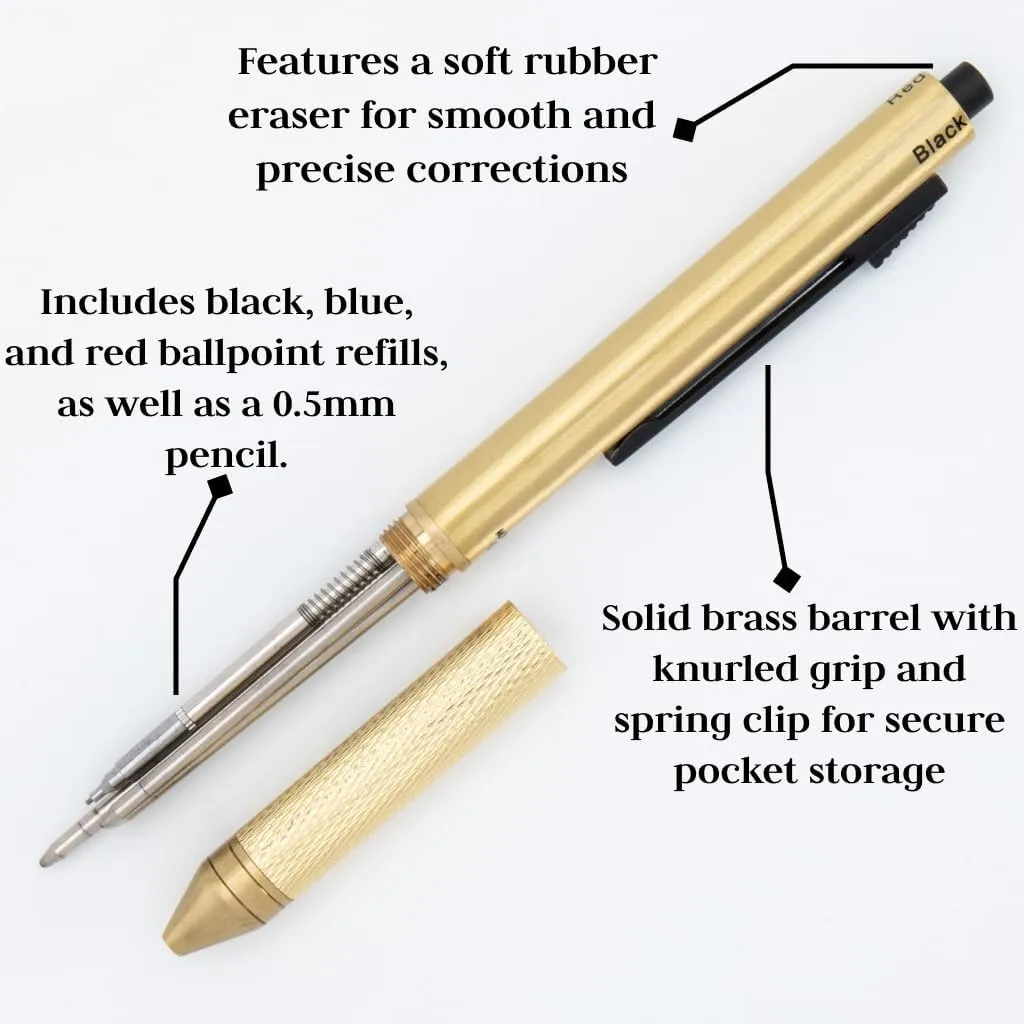 Monteverde USA Quadro 4-in-1 Multifunction Pen - Brass Finish - Three Ballpoint Refills & 0.5mm Pencil - Solid Brass Barrel with Knurled Grip - Refillable & Durable