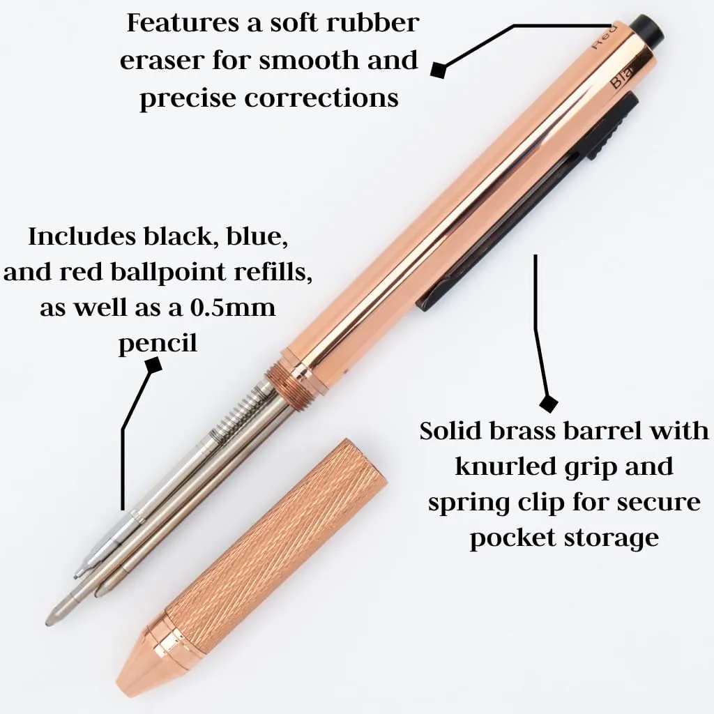 Monteverde USA Quadro 4-in-1 Multifunction Pen - Copper Finish - Multi-Color Ballpoint Refills & Pencil - Solid Brass with Knurled Grip - Portable & Refillable
