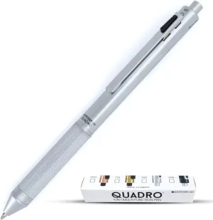 Monteverde USA Quadro 4-in-1 Multifunction Pen - Silver Finish - 3 Ballpoint Colors & Mechanical Pencil - Solid Brass Barrel with Knurled Grip - Refillable & Portable
