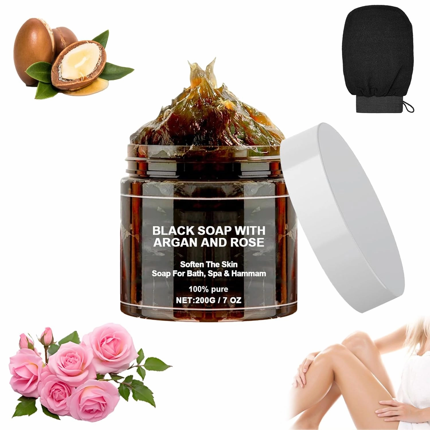 Morocco Black Soap With Argan And Rose, Moroccan BlackSoap Hammam, Natural Body Scrub, Blacks Soap Bar Exfoliating Soaps (1)