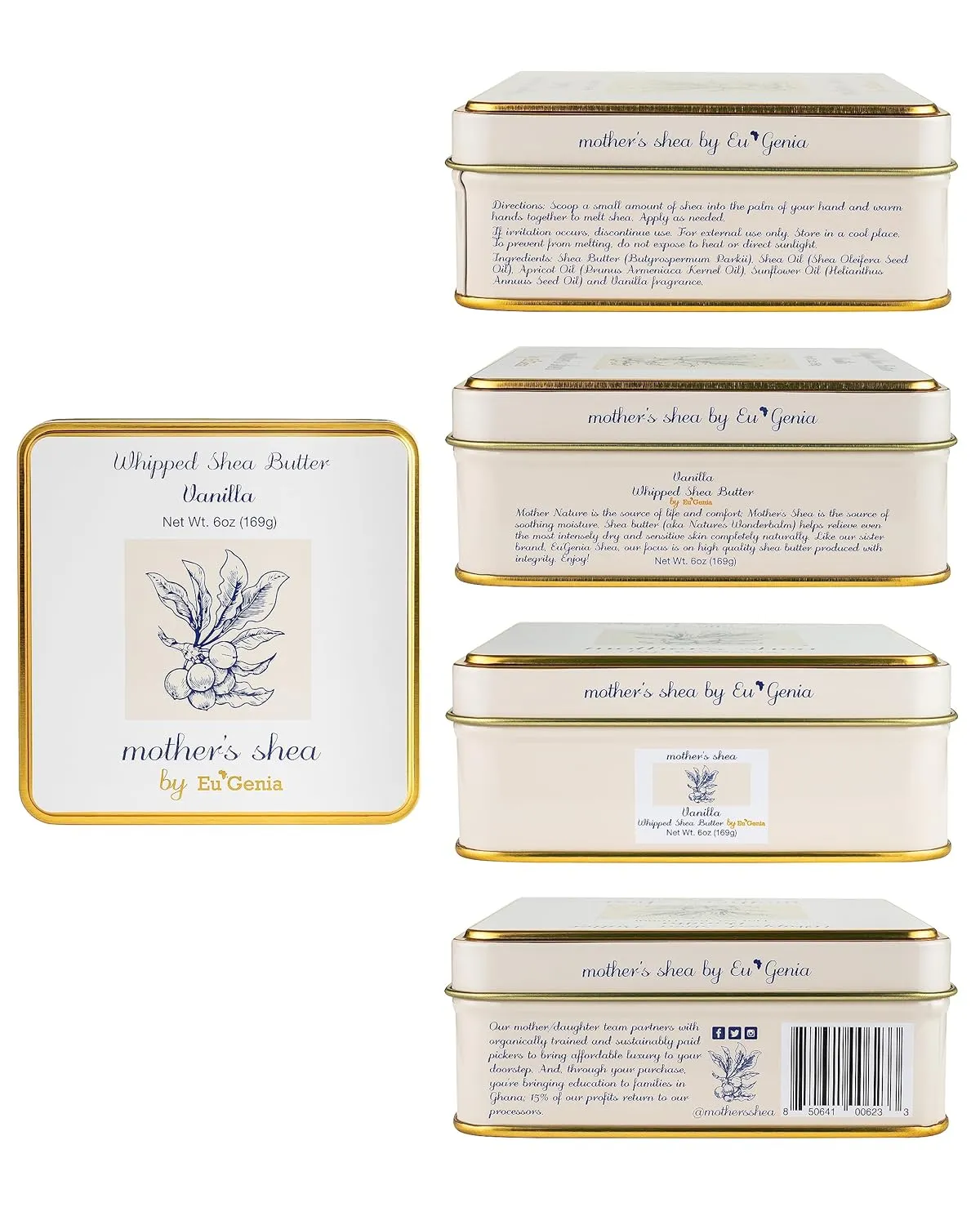 Mother's Shea Whipped Shea Butter (Vanilla, 2 Oz Tins - Set of 3) 100% Pure Raw Unrefined African Shea - Organic, Sustainably-Sourced Ingredients - Natural Skin & Hair Care