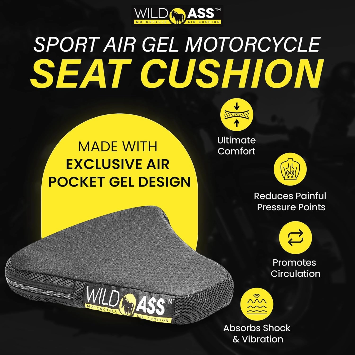 Motorcycle Air Gel-Sport Seat Cushion - Ergonomic Universal Fitting Air Adjusting Pad with Straps - Ultimate Rider Comfort & Relief, Cool Flow Motorcycle Accessories for Long Rides - Black