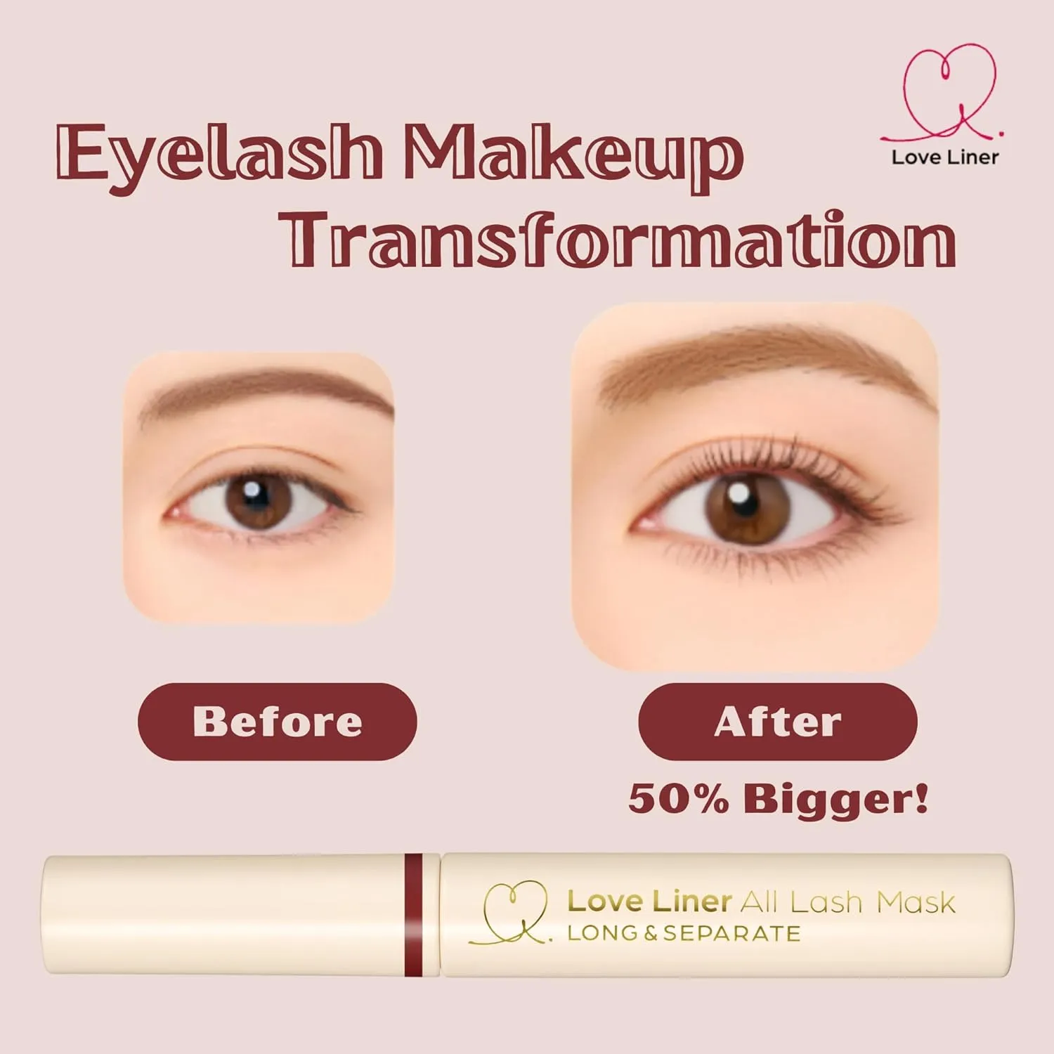 MSH Love Liner Waterproof Mascara, Resistant to Sweat, Sebum & Tears, Precise & Fiber-Free Curved Brush, Japanese Eye Makeup w/Beauty Serum, 1.05 Oz/30g, Dusty Rose