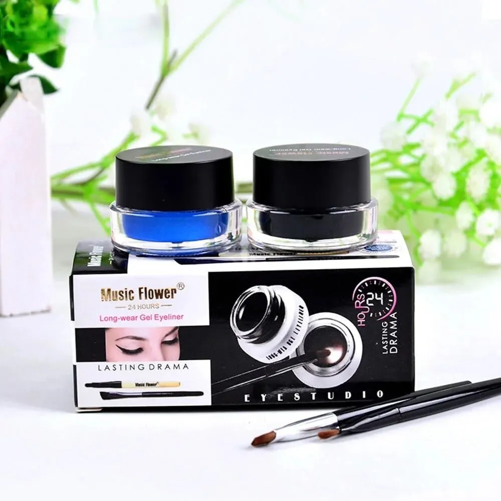 Music Flower 2 in 1 Coffee   Black Gel Eyeliner Make Up Waterproof Cosmetics Set Eye Liner Makeup Eye maquiagem M1007 (1 black and 1 blue)