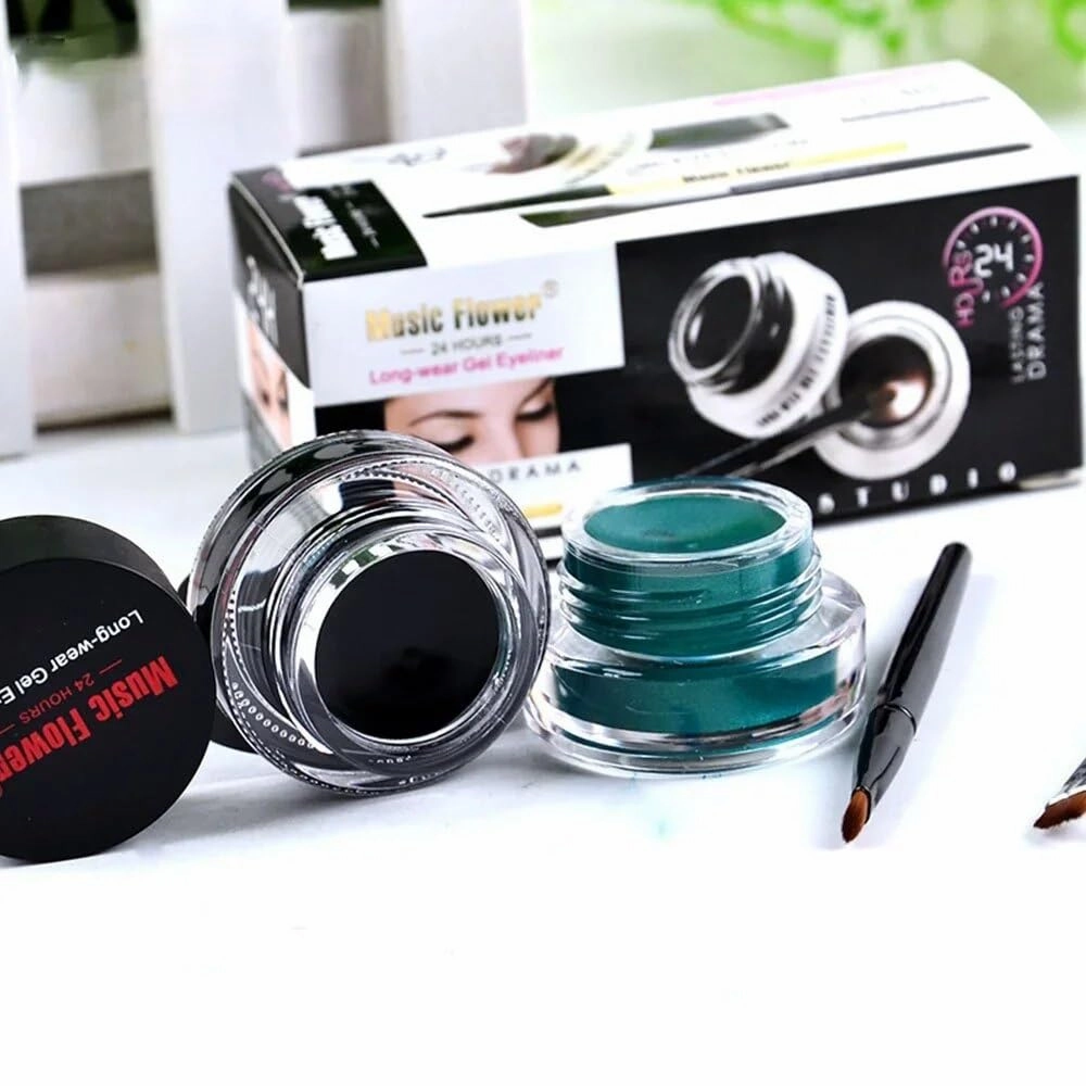Music Flower 2 in 1 Coffee   Black Gel Eyeliner Make Up Waterproof Cosmetics Set Eye Liner Makeup Eye maquiagem M1007 (1 green and 1 black)
