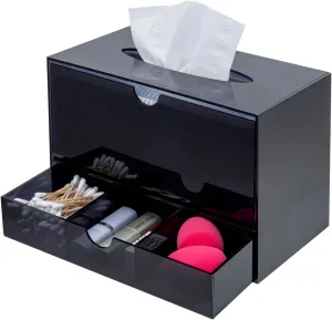 MyGift Premium Black Acrylic Cosmetic Organizer Caddy and Tissue Box Cover with Pull Out Makeup Storage Drawer - Countertop Bathroom Supplies Holder