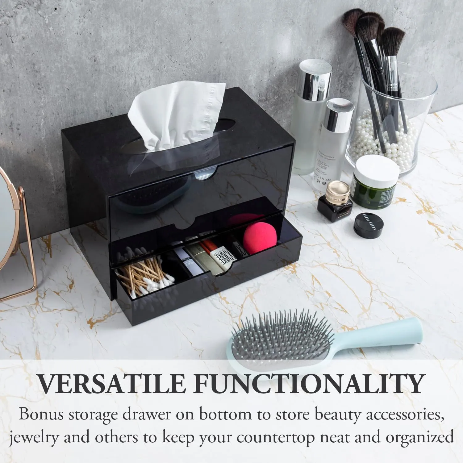 MyGift Premium Black Acrylic Cosmetic Organizer Caddy and Tissue Box Cover with Pull Out Makeup Storage Drawer - Countertop Bathroom Supplies Holder