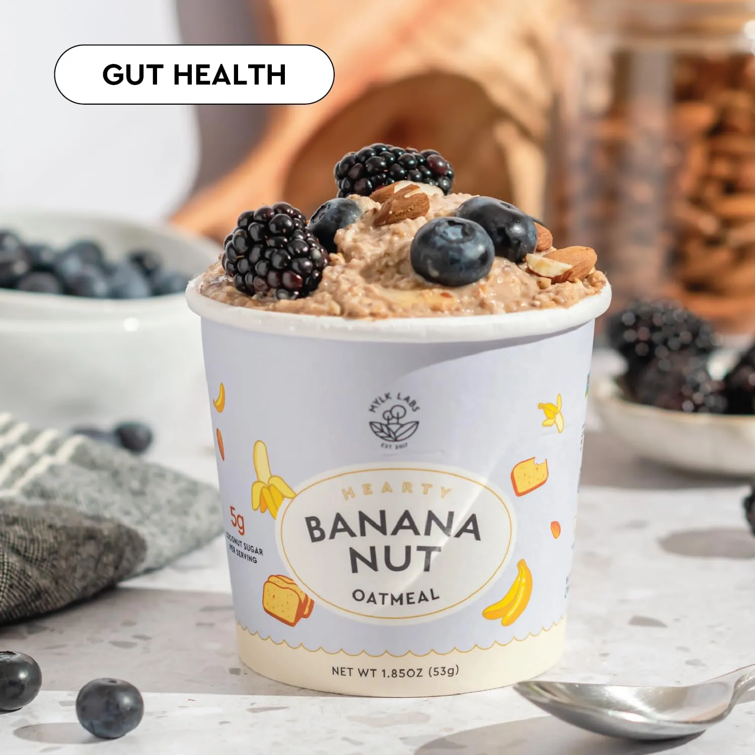 Mylk Labs Banana Nut Protein Oatmeal Cups, Whole Grain, Low Sugar, High Fiber Breakfast with Superfoods, Quick & Easy, On the Go, Instant Oatmeal, Rolled Oats, Gluten Free, Vegan, Nut Free, 6 Pack