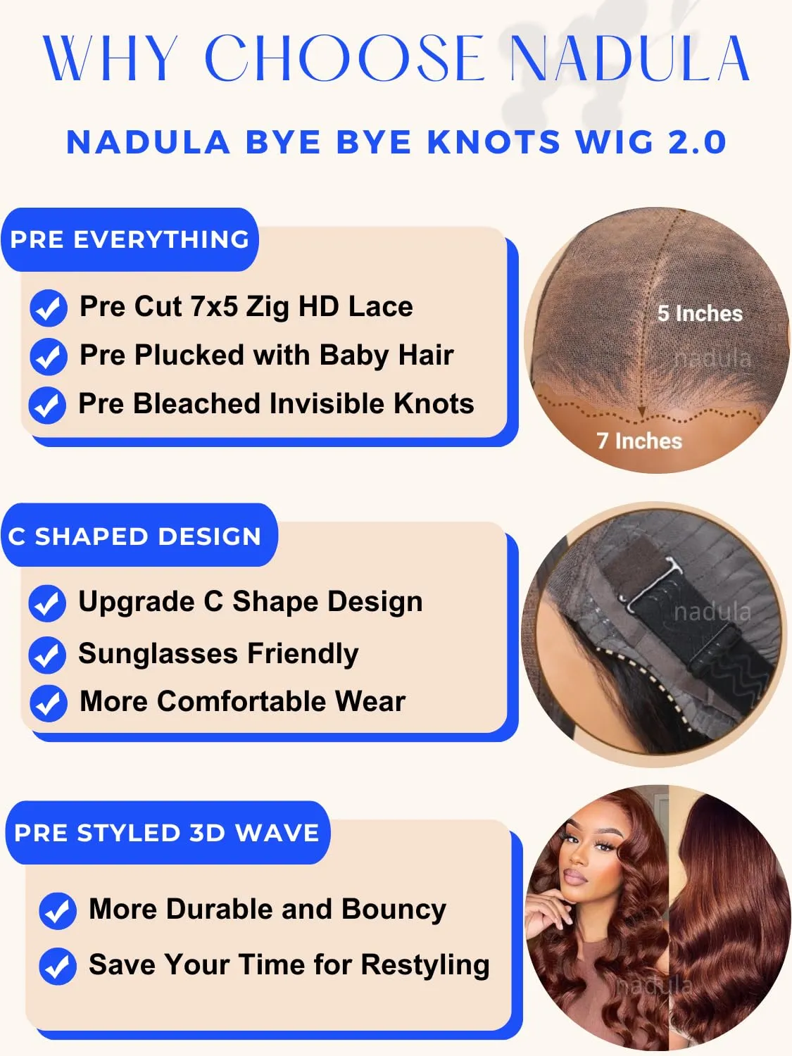 Nadula Bye Bye Knots Glueless Reddish Brown Body Wave Wig 7x5 Pre Cut Lace Front Wigs Human Hair Pre Plucked Pre Bleached Ready to Wear Pre Everything Glueless Wig 150% Density 16inch